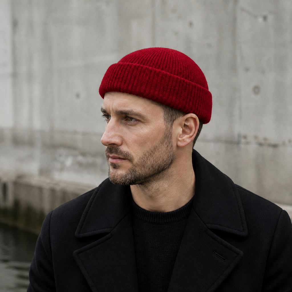 Homme portant le bonnet court bordeaux avec un manteau noir