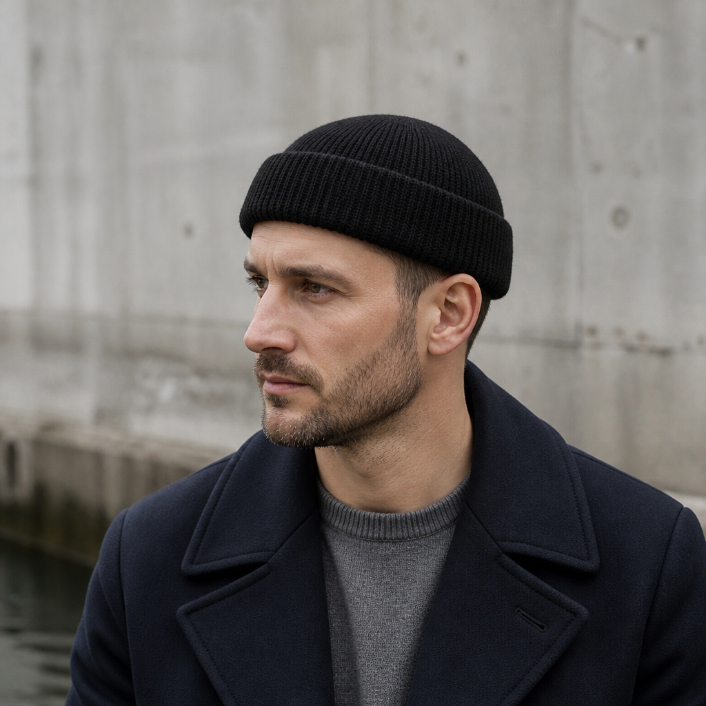 Homme portant le bonnet marin noir au-dessus des oreilles, avec un caban