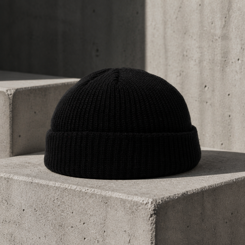 Bonnet marin homme noir, court à revers, en maille côtelée unie