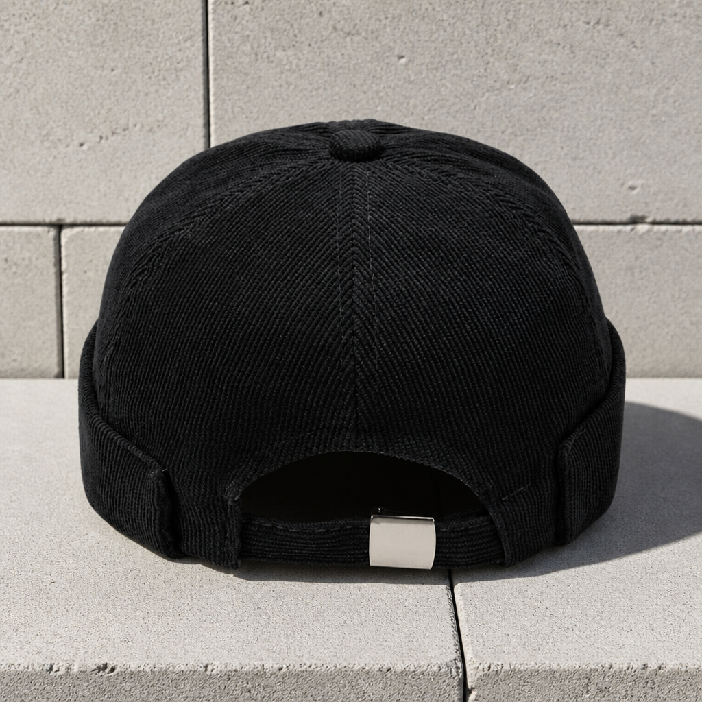 Dos du bonnet miki noir : ouverture en arche et patte de réglage à fermoir en métal