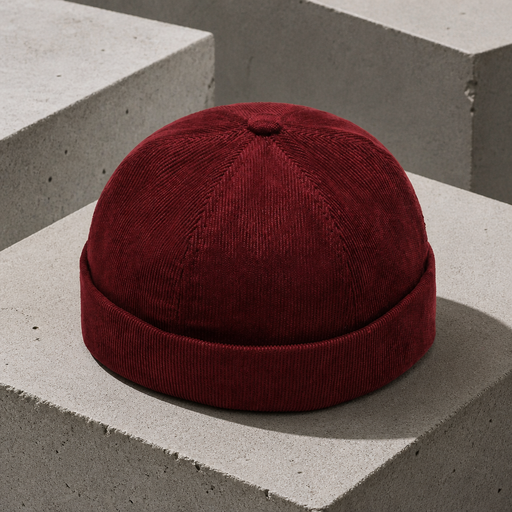Bonnet miki homme bordeaux en velours côtelé, bouton recouvert au sommet