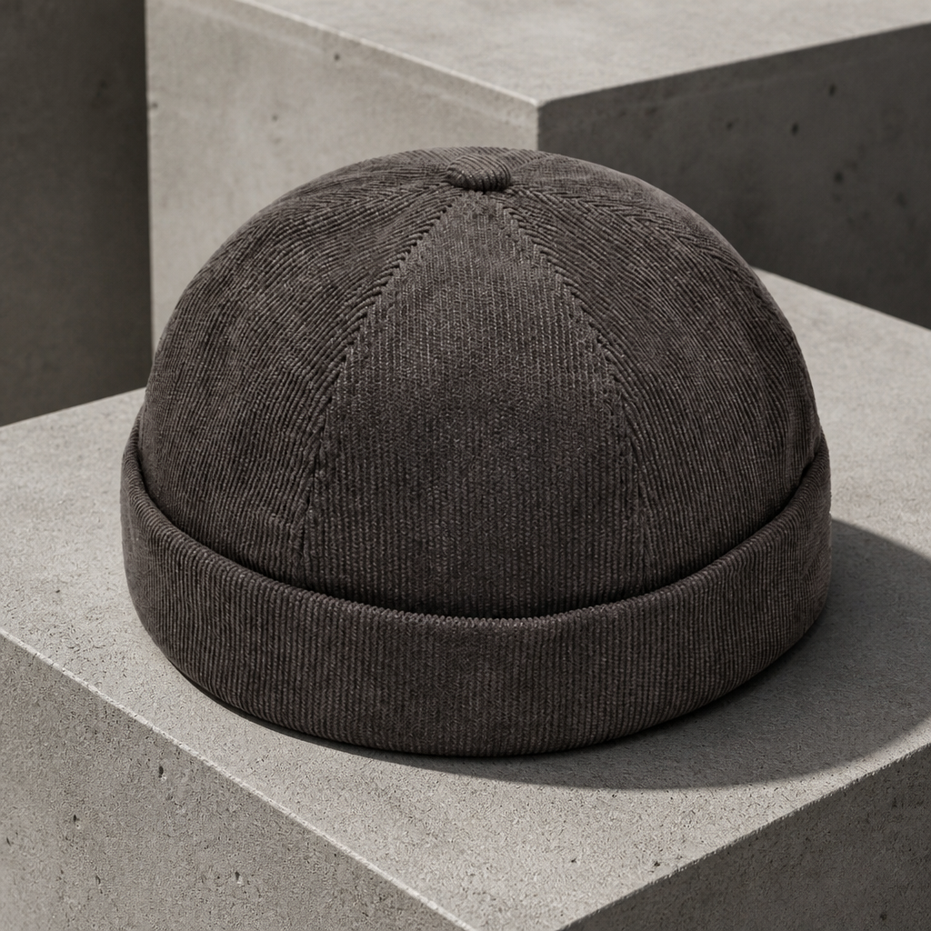 Bonnet miki homme gris anthracite en velours côtelé, calotte à six pans