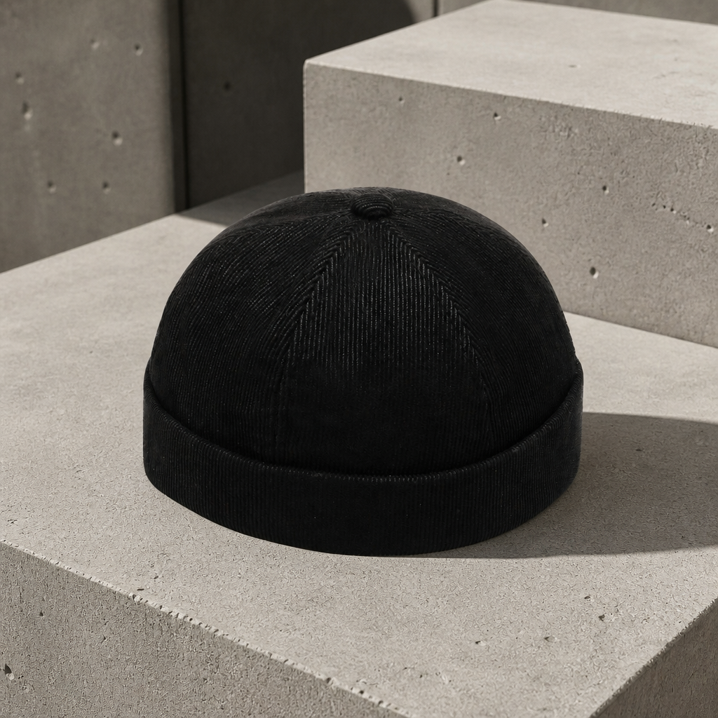 Bonnet miki homme noir en velours côtelé, forme courte à revers roulé