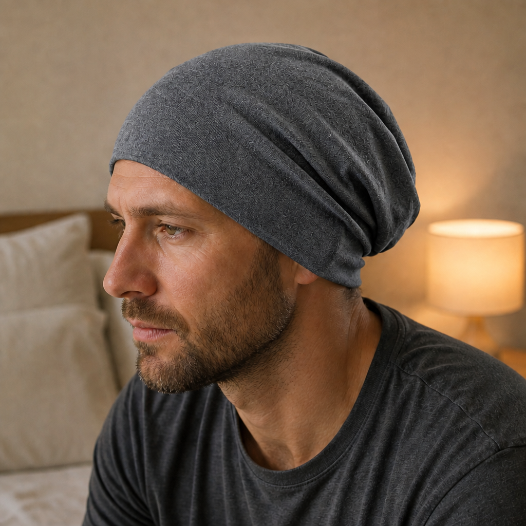 Homme portant le bonnet pour dormir gris chiné, forme ample à l'arrière