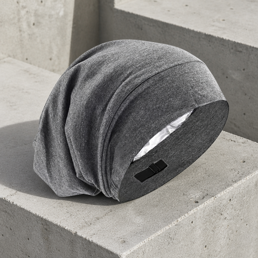 Bonnet de nuit homme gris chiné avec doublure satinée gris argent visible à l'ouverture