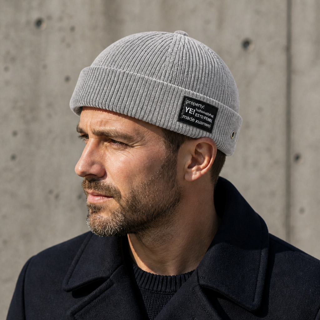 Homme de profil portant le bonnet docker gris en velours côtelé, revers au-dessus de l'oreille