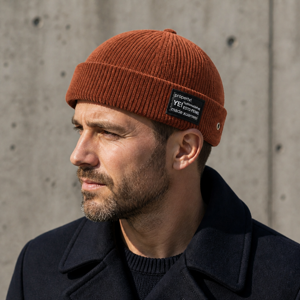 Homme de profil portant le bonnet court marron en velours côtelé avec un manteau sombre