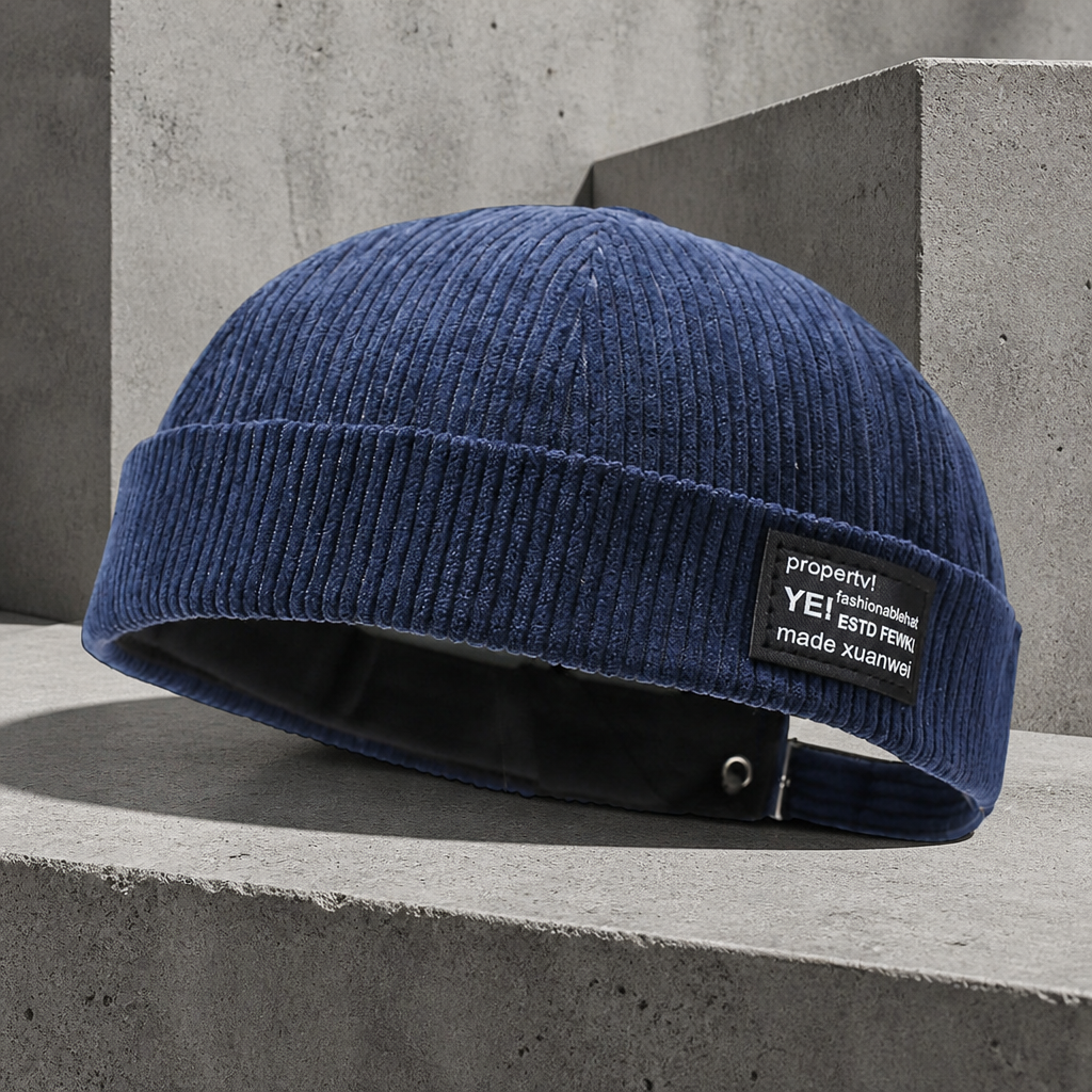 Bonnet pêcheur homme bleu en velours côtelé avec patte de réglage au dos