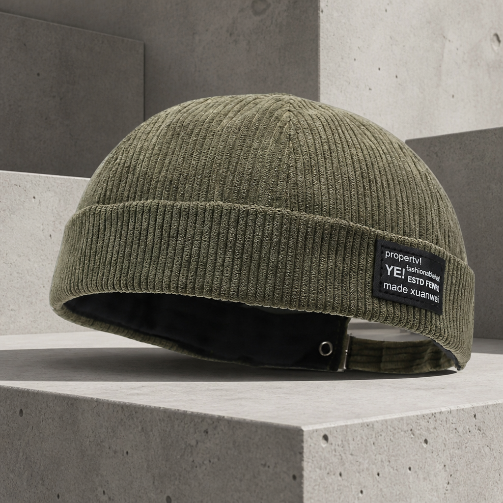 Bonnet pêcheur homme kaki en velours côtelé, forme courte à revers