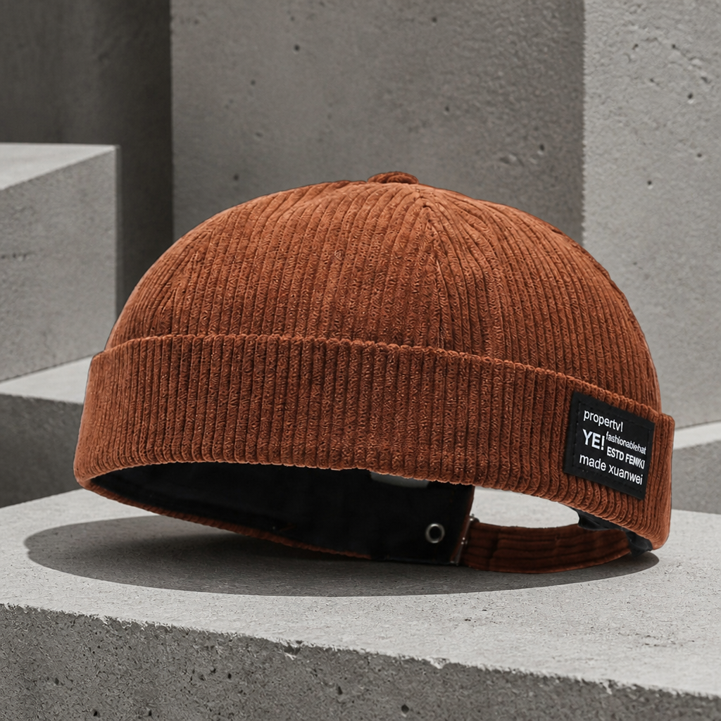 Bonnet pêcheur homme marron roux en velours côtelé, patte réglable visible