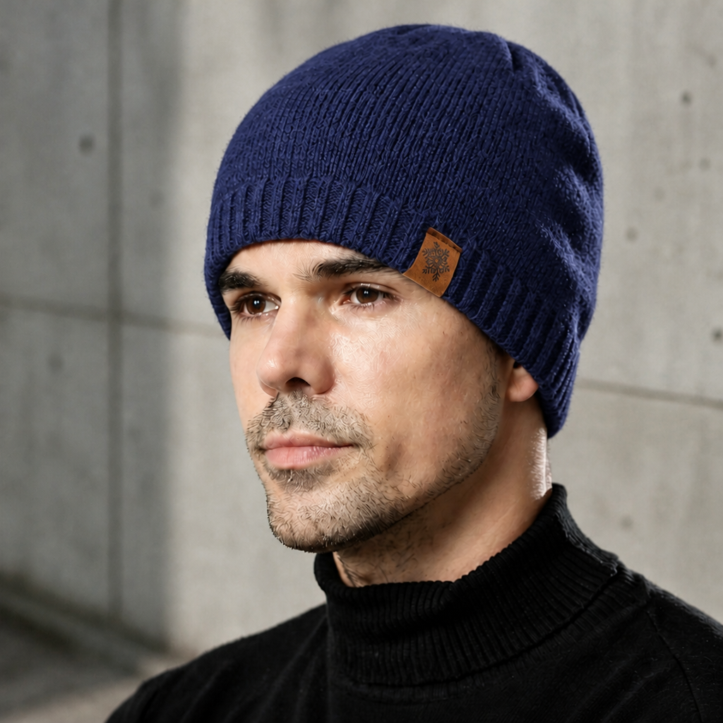 Homme portant le bonnet polaire bleu marine avec un col roulé noir