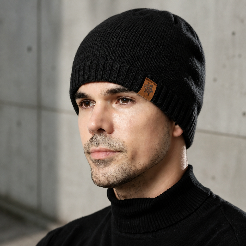 Homme portant le bonnet polaire noir, forme ajustée sur le front et les oreilles