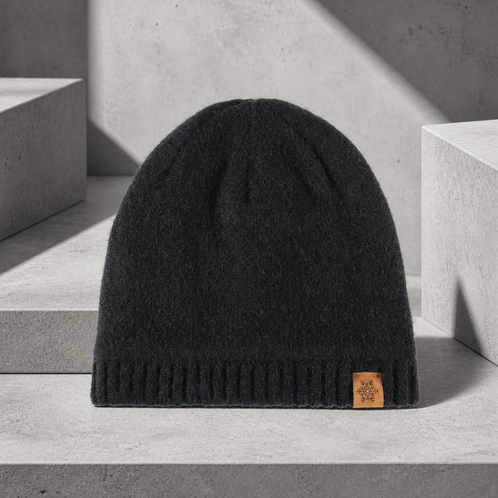 Bonnet polaire homme noir en maille tricotée, bord côtelé et écusson flocon brun