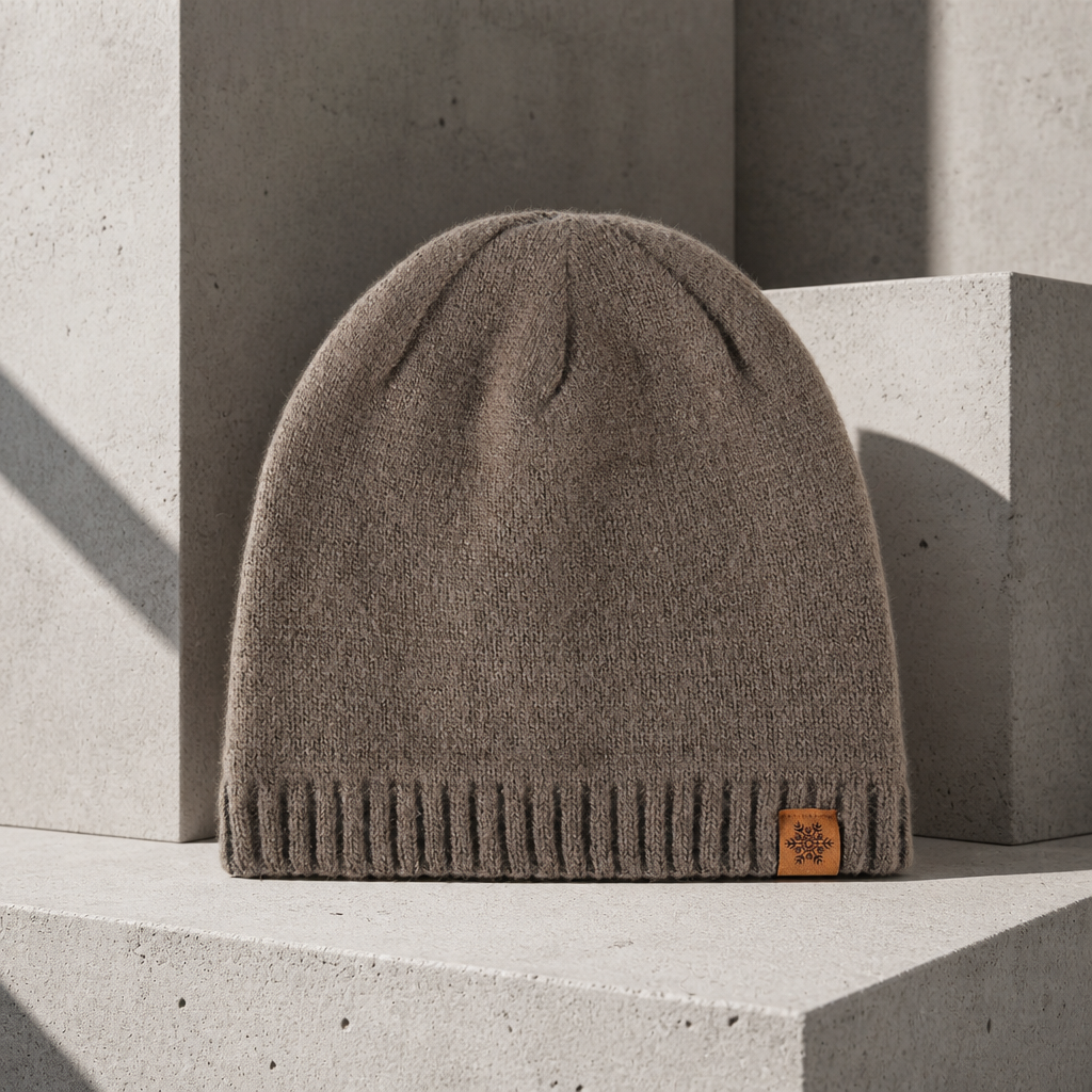 Bonnet polaire homme taupe, maille tricotée et écusson flocon cousu sur le bord