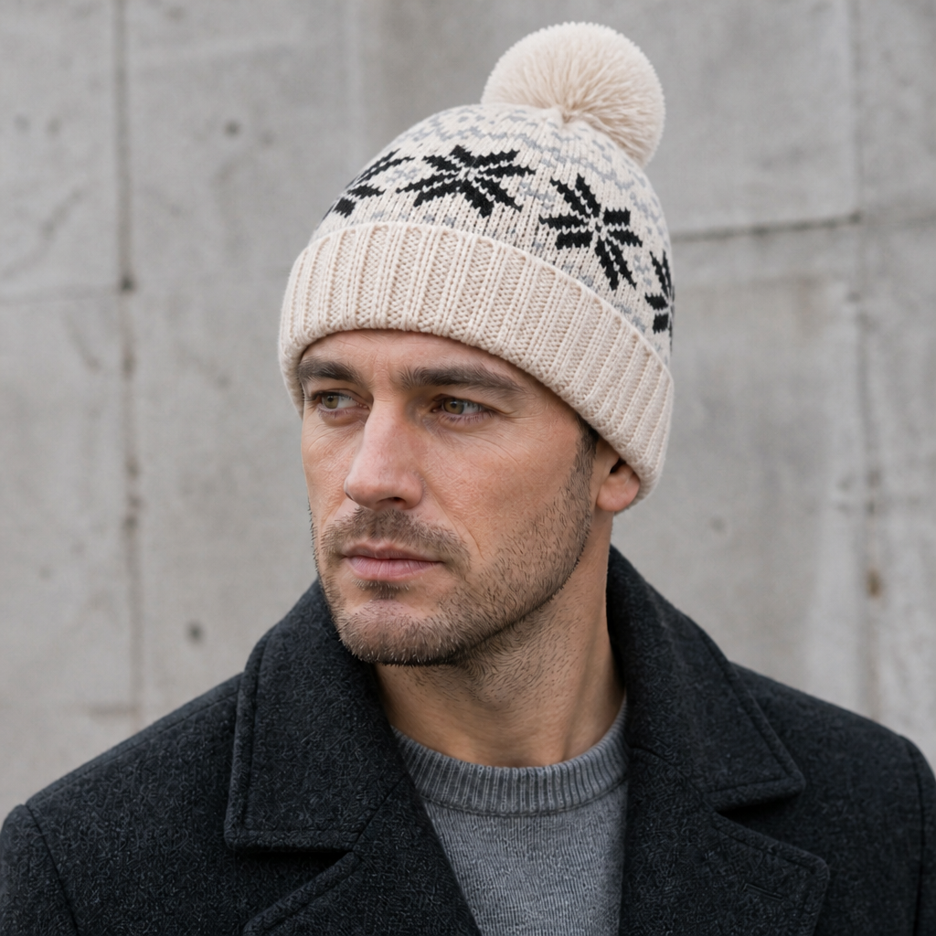 Homme portant le bonnet jacquard beige à flocons noirs, revers côtelé