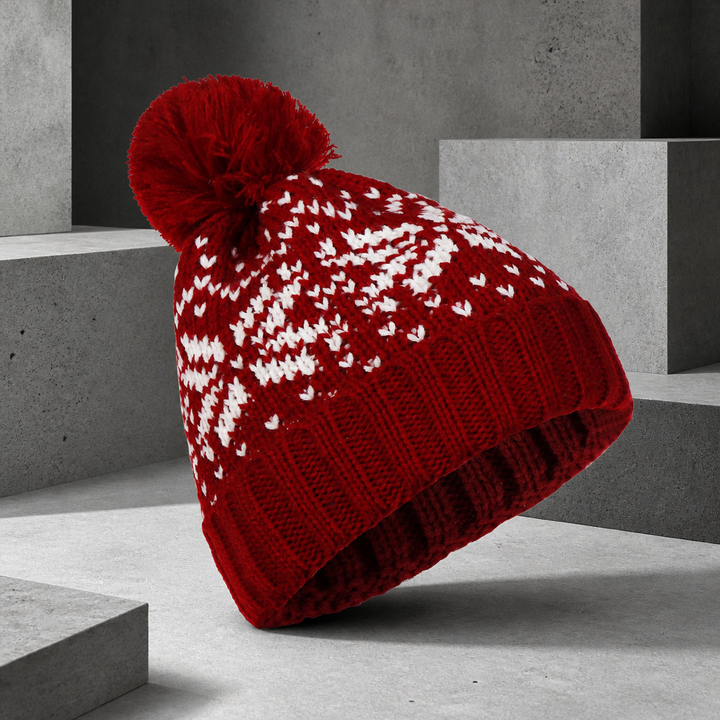 Bonnet ski homme jacquard bordeaux à flocons blancs et pompon bordeaux