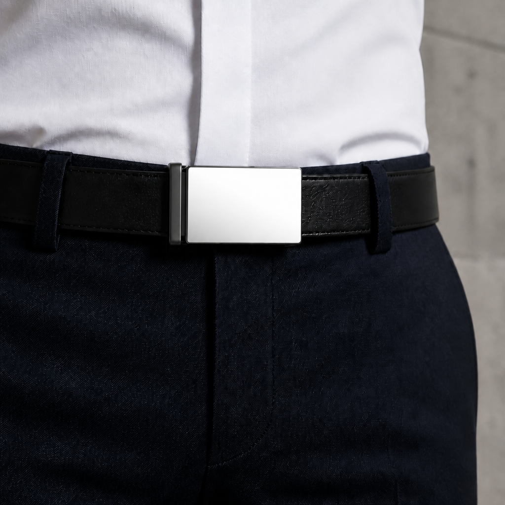 Boucle argent poli montée sur une ceinture noire, portée à la taille sur un pantalon marine
