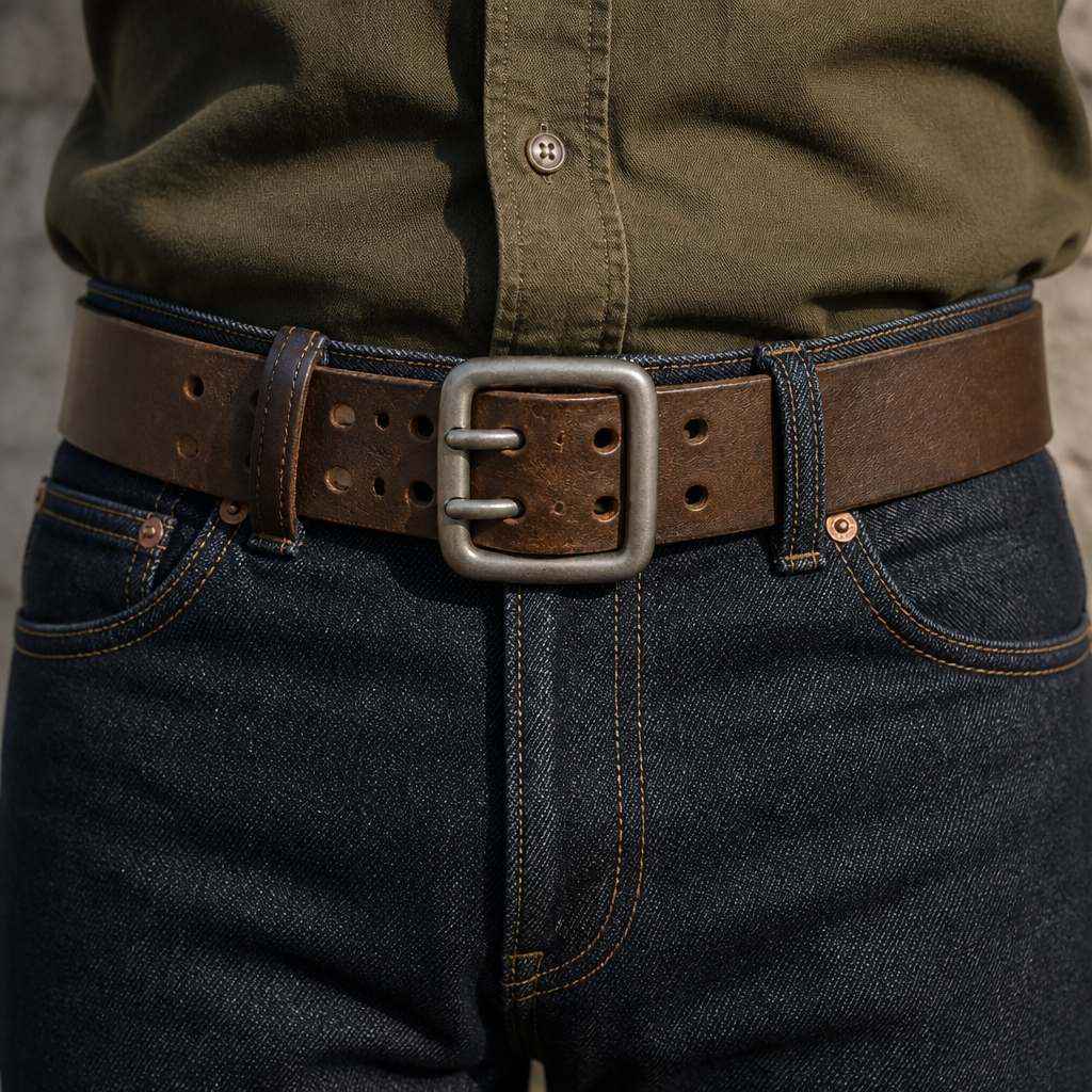 Boucle bouclée sur une ceinture en cuir marron : les deux ardillons traversent les deux rangées de trous