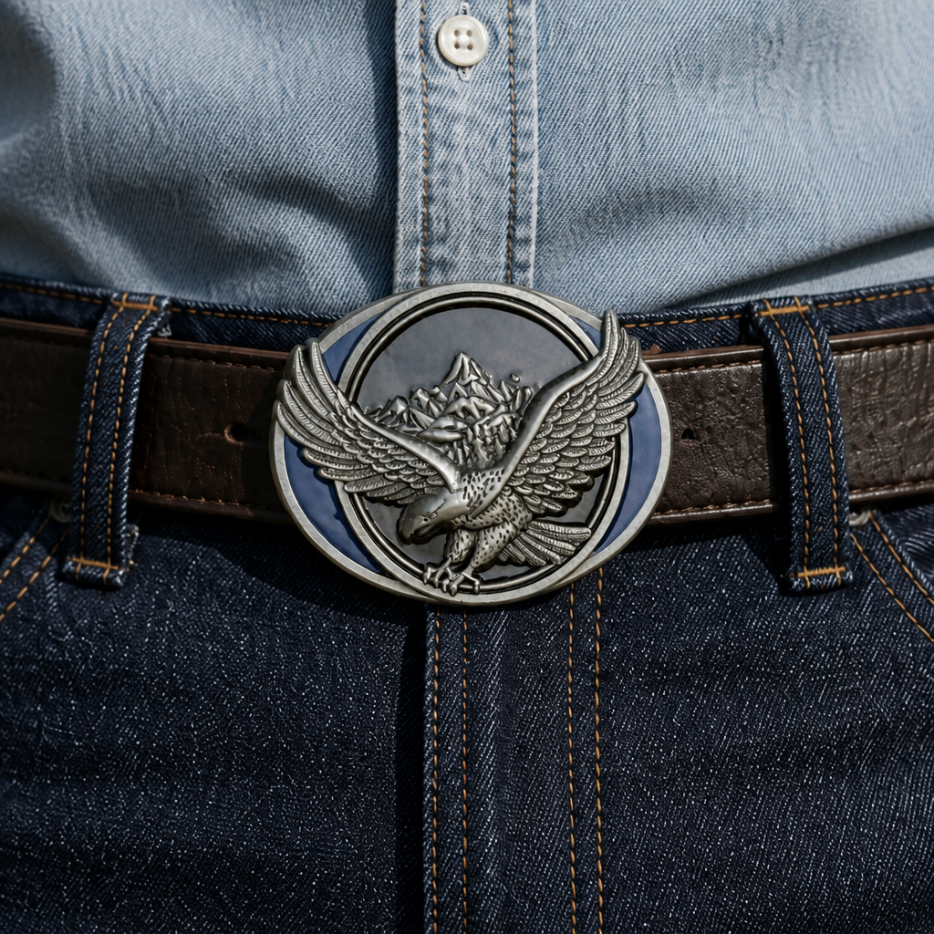 Boucle ovale à l'aigle argent montée sur une ceinture en cuir marron avec un jean brut, ceinture non fournie