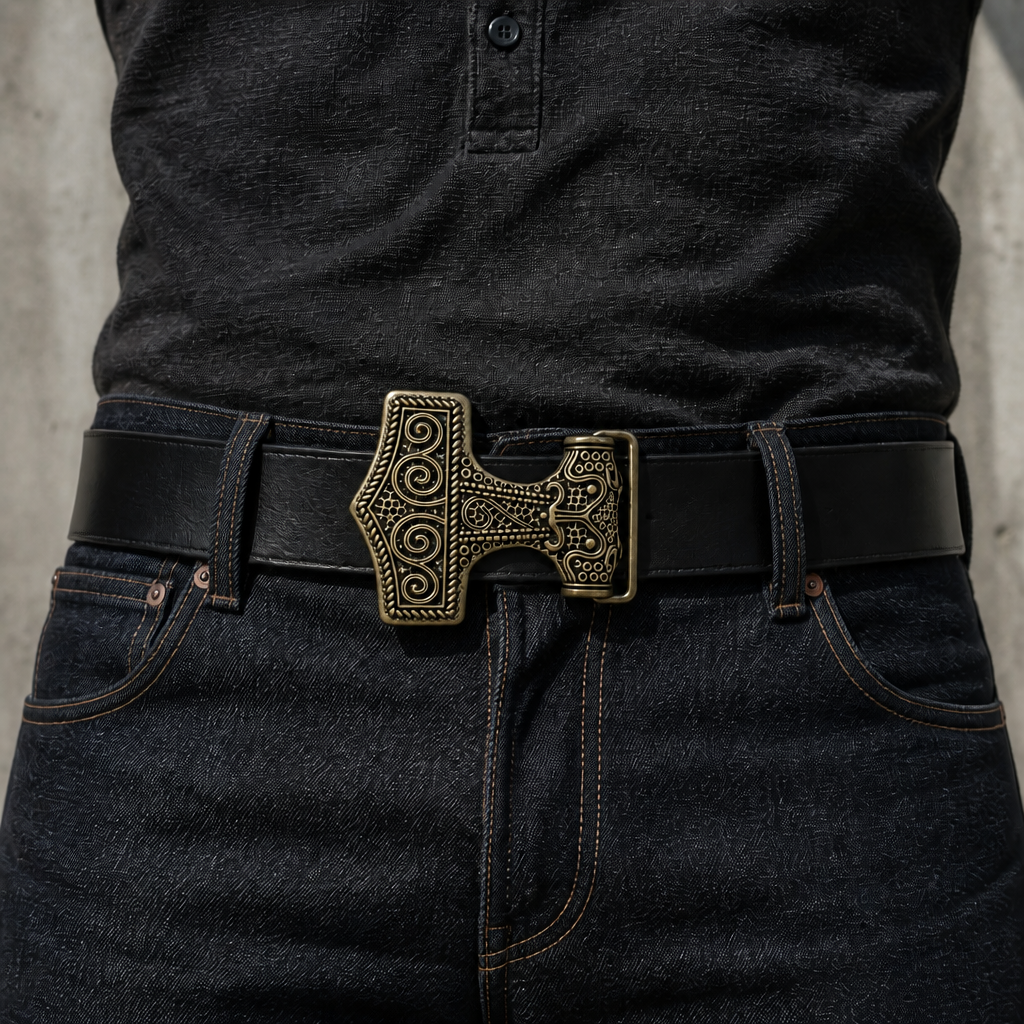 Boucle marteau de Thor bronze montée sur une ceinture en cuir noir avec un jean, ceinture non fournie