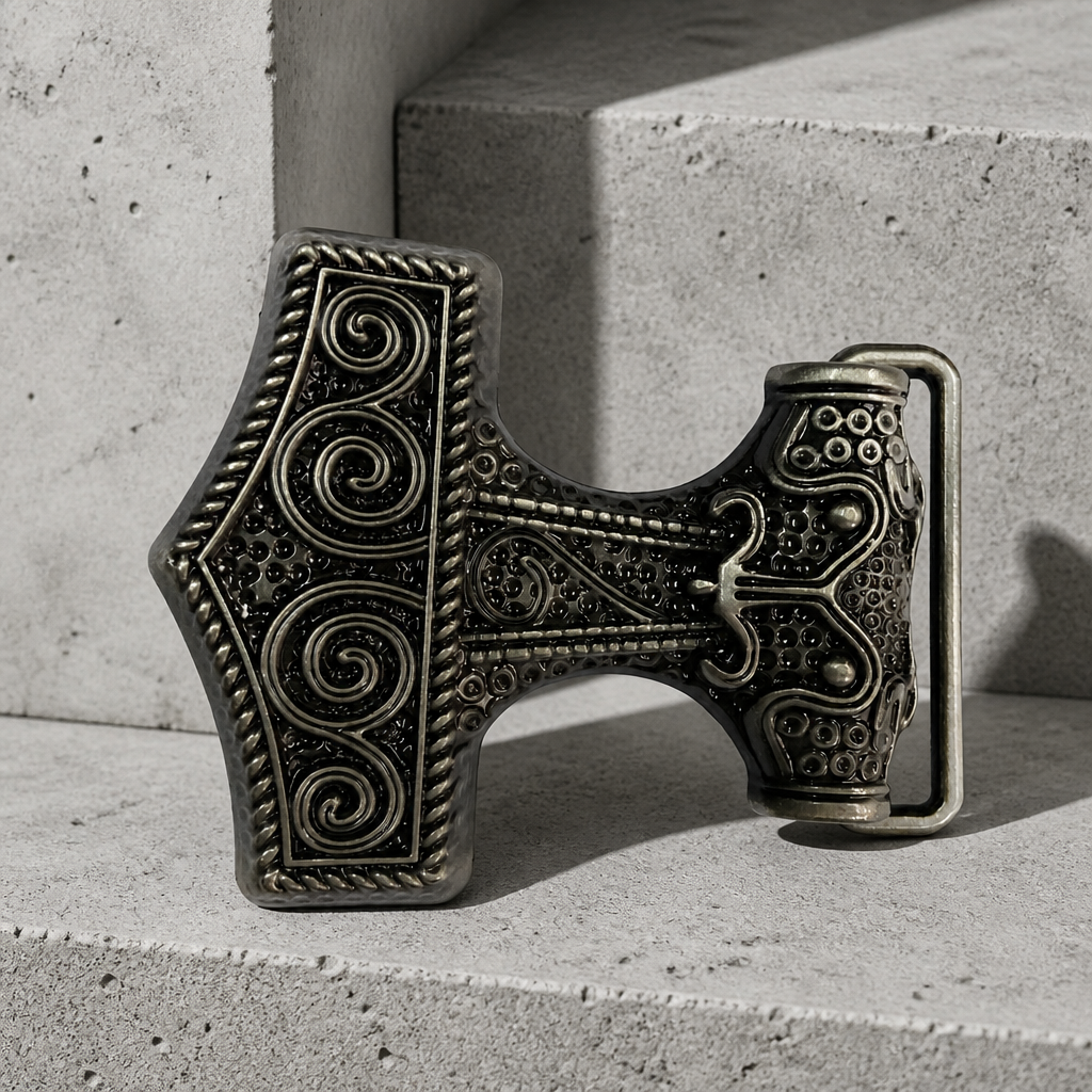 Boucle de ceinture marteau de Thor finition argent vieilli, la plus sombre des trois