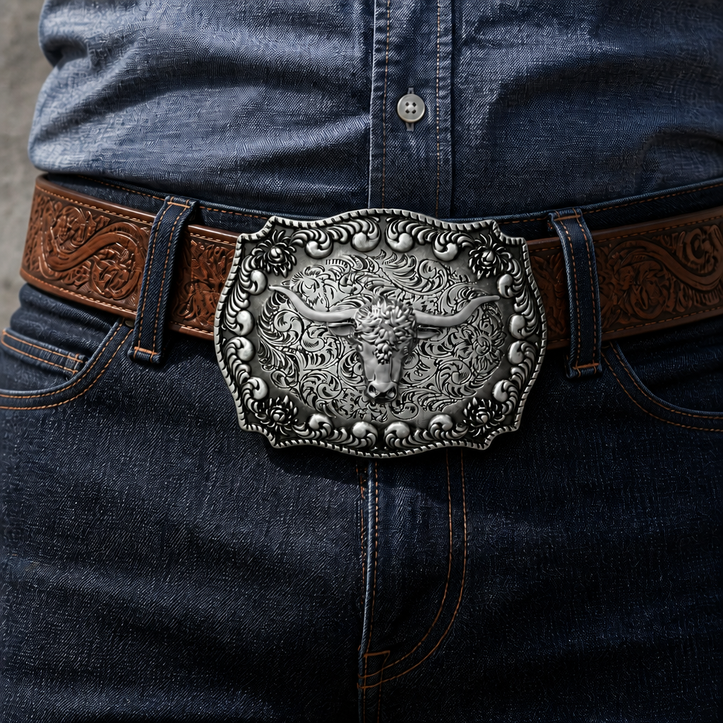Plaque argent patiné portée sur une ceinture en cuir marron travaillé, avec un jean brut