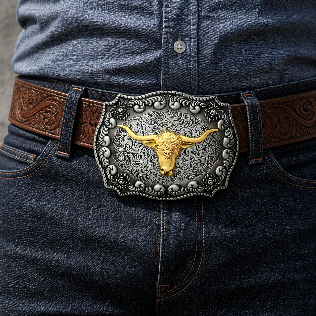 Plaque bicolore portée sur une ceinture en cuir marron travaillé, avec un jean brut