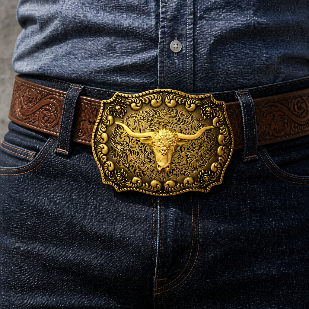 Plaque dorée patinée portée sur une ceinture en cuir marron travaillé, avec un jean brut