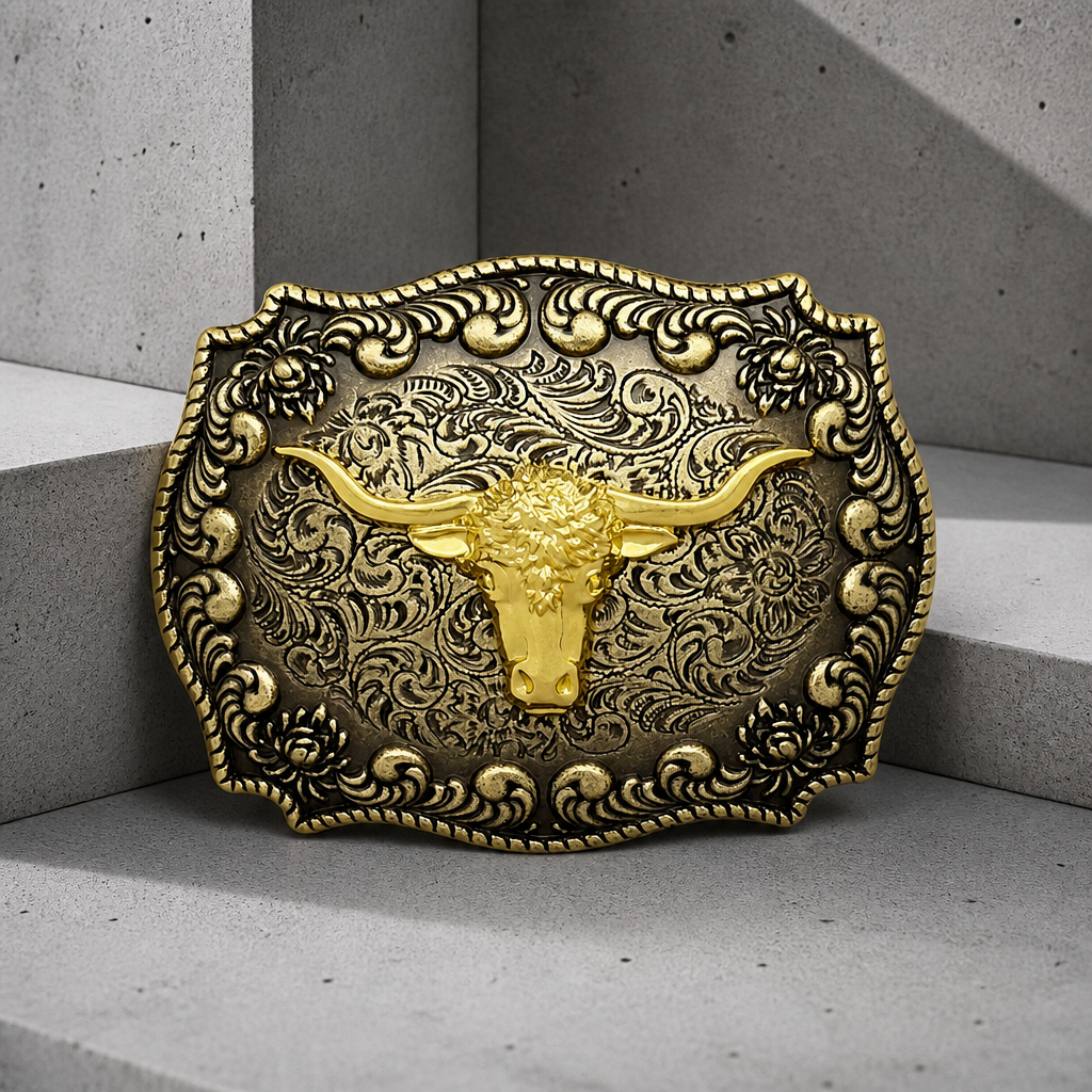 Boucle de ceinture western homme à tête de taureau, finition entièrement dorée