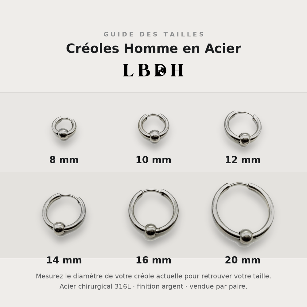 Guide des tailles des créoles homme en acier posées à plat sur béton, vue de dessus : diamètres 8, 10, 12, 14, 16 et 20 mm à l'échelle réelle