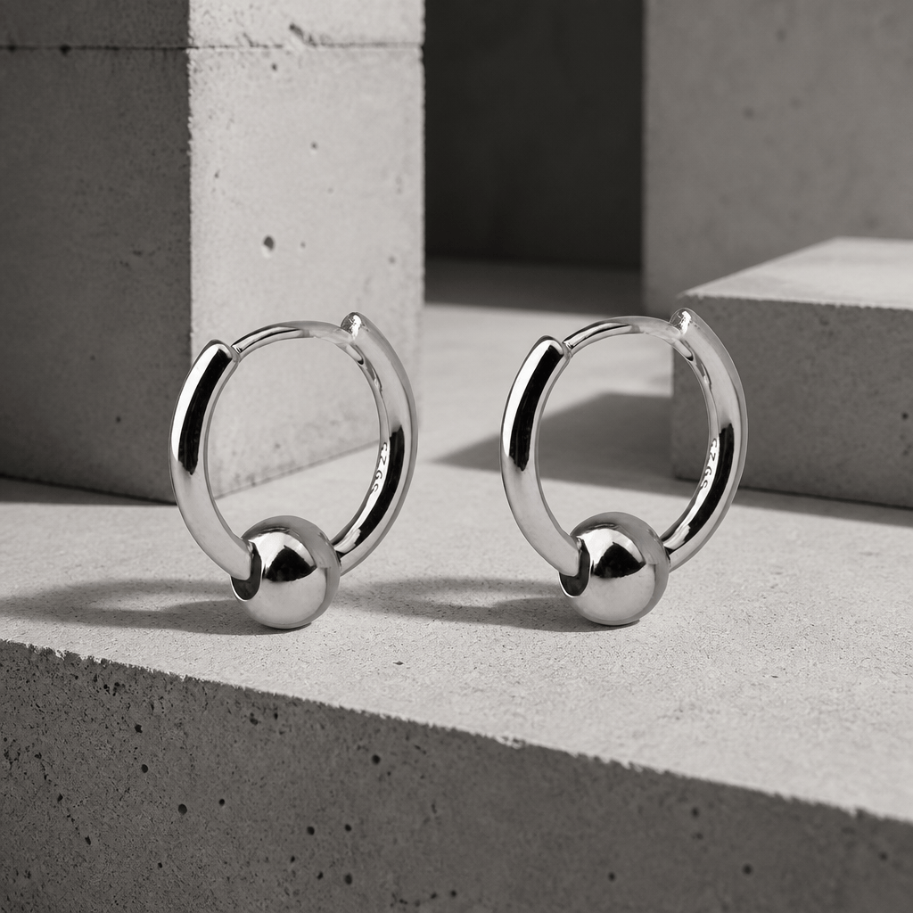 Boucles d'oreilles créoles homme en acier chirurgical argenté à fermoir boule