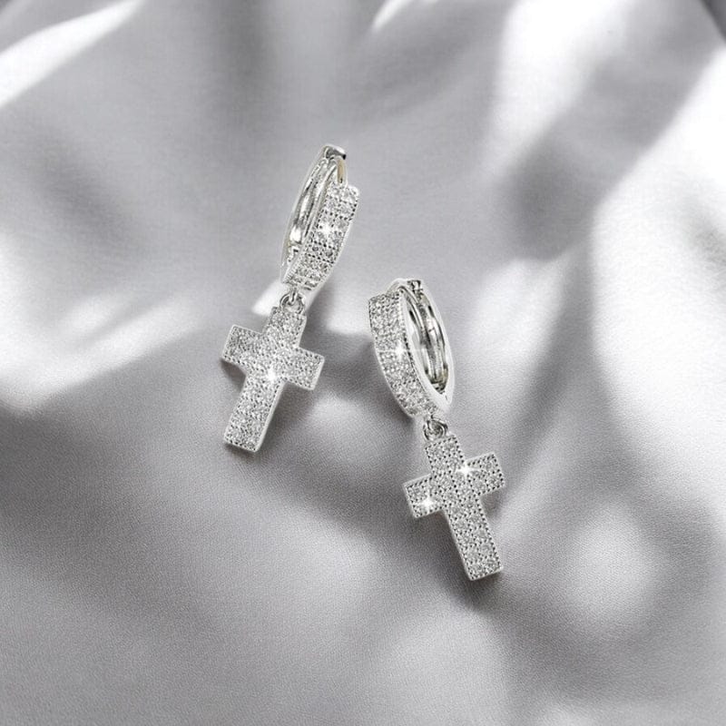 Boucle d'oreille homme croix argent diamant