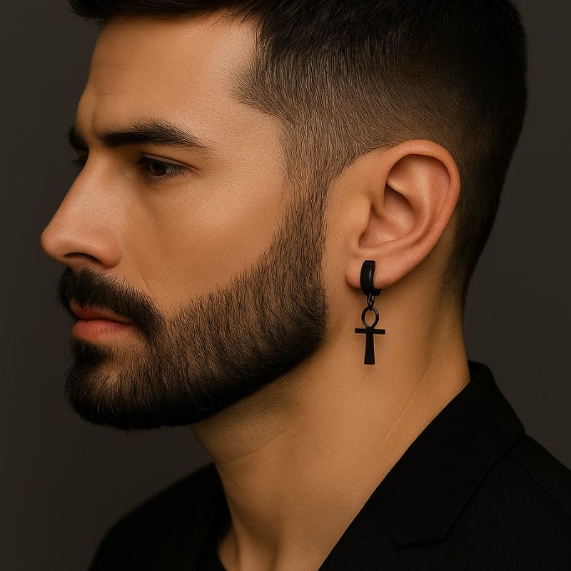 Boucle d'oreille pendante homme Ankh noir