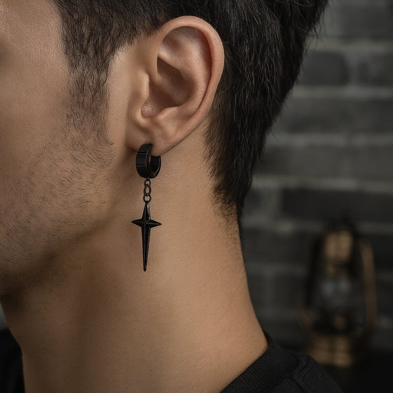 Boucle d'oreille pendante homme croix noire portée - Style masculin