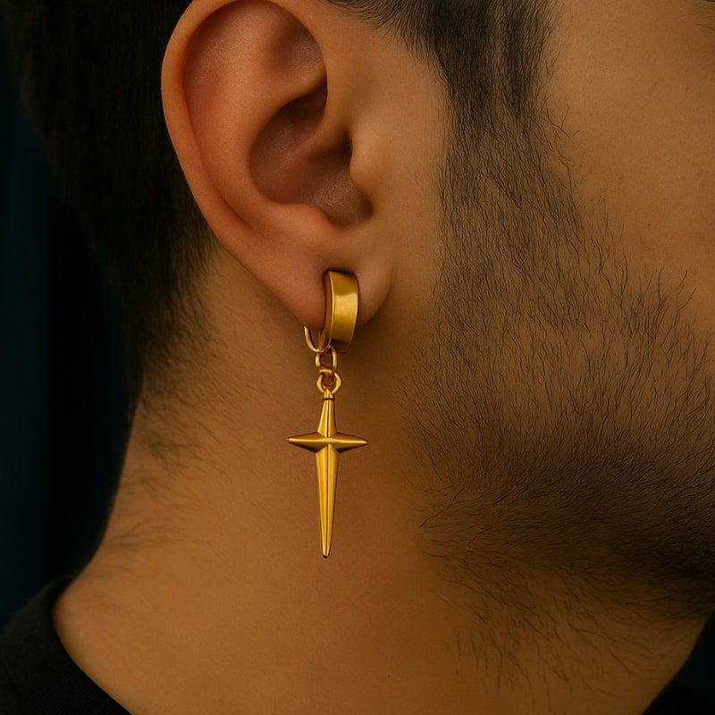 Boucle d'oreille pendante homme croix dorée - Finition luxe
