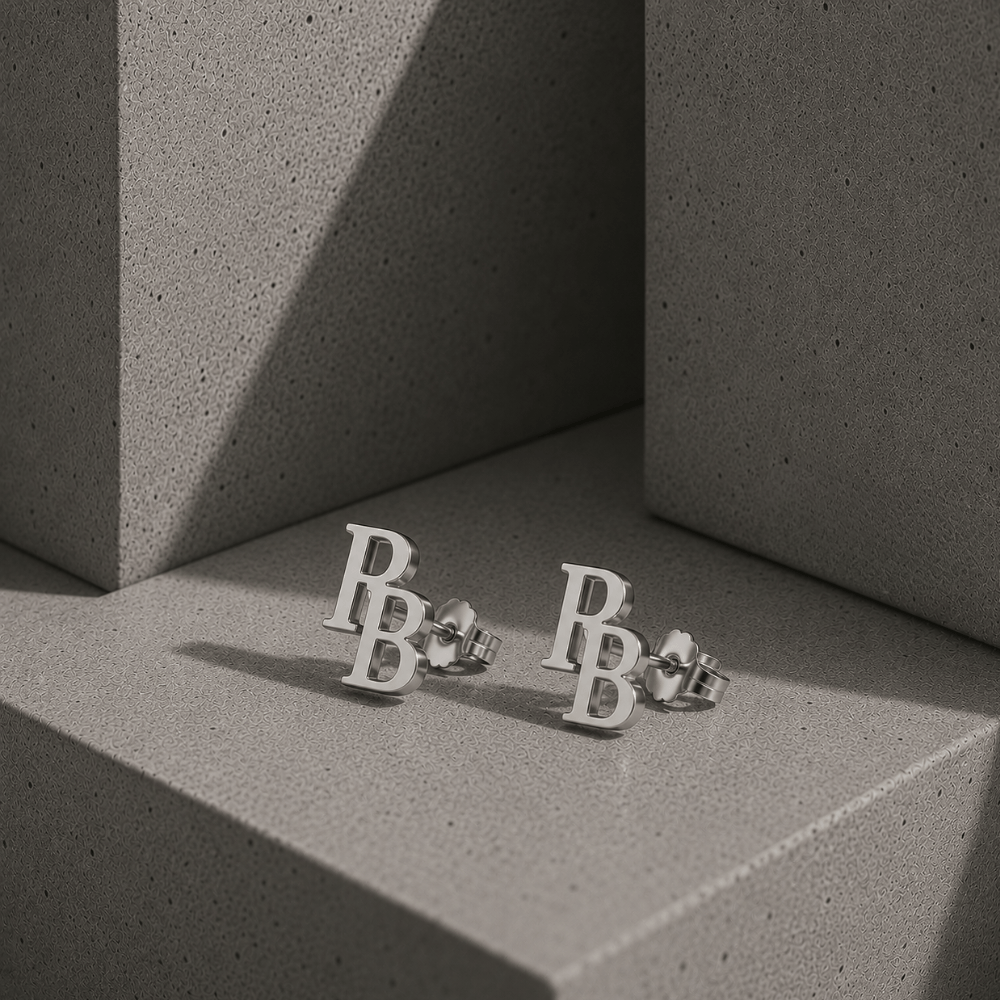 Boucles d'oreilles homme initiales argent acier inoxydable fermoir poussette