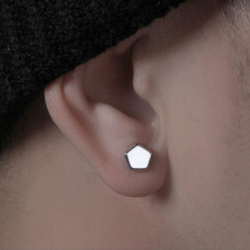 Paire boucles d'oreilles aimant homme hexagonal argent