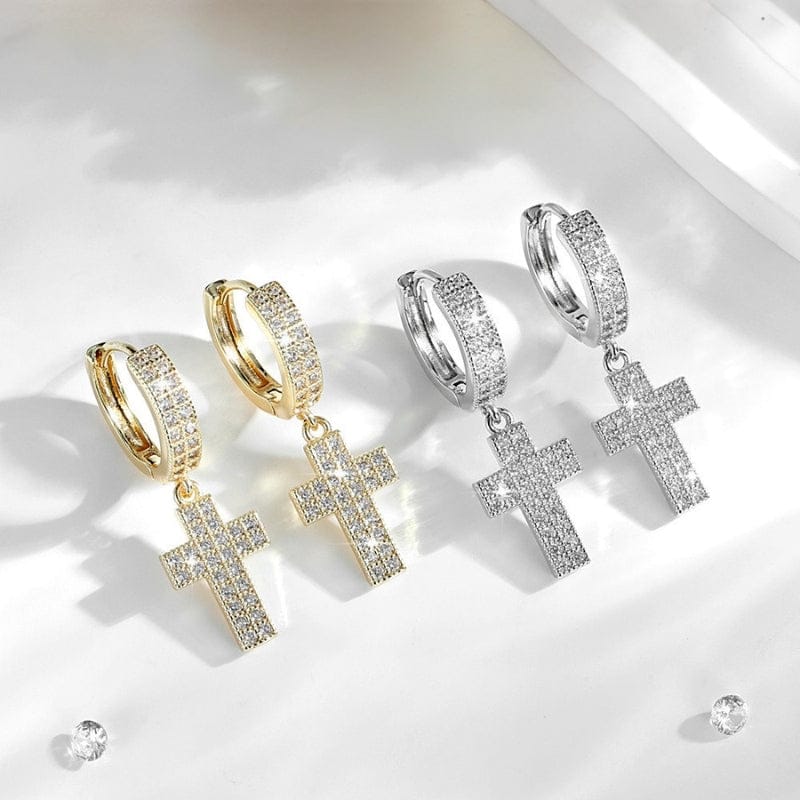 Boucles d'oreilles croix homme or argent diamant