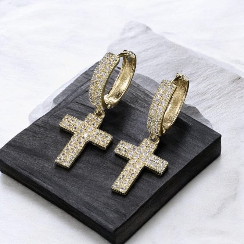 Boucles d'oreilles croix homme or pavées diamant