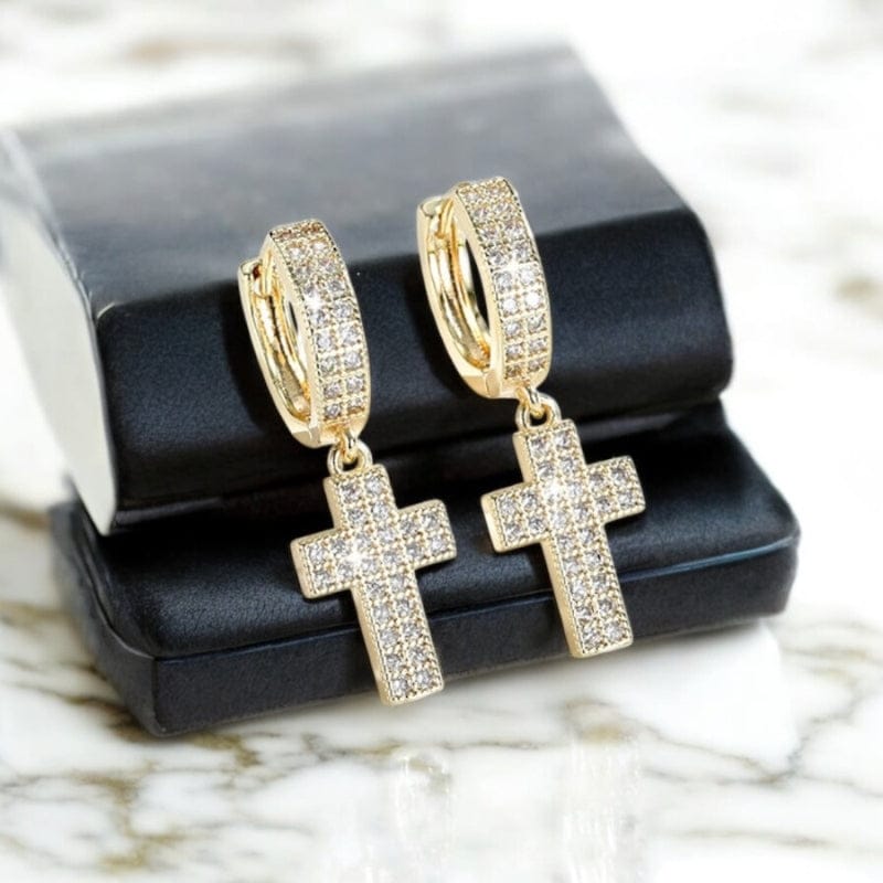 Boucles d'oreilles croix homme or diamant