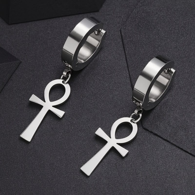 boucles d'oreilles pendantes homme Ankh argent