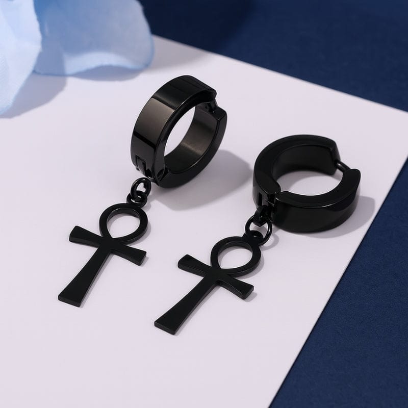 boucles d'oreilles pendantes homme Ankh noir égyptien