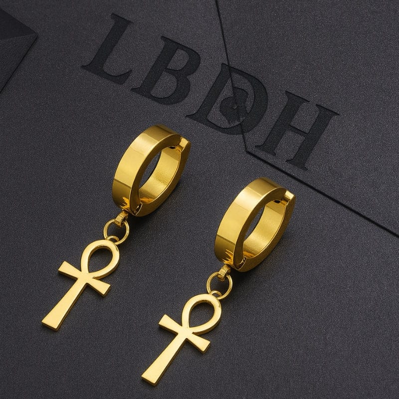 Boucles d'oreilles pendantes homme Ankh or