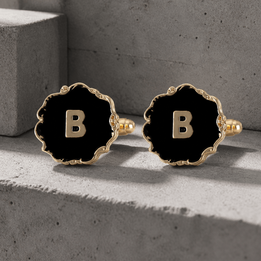 Boutons de manchette homme initiale B, émail noir et lettre dorée