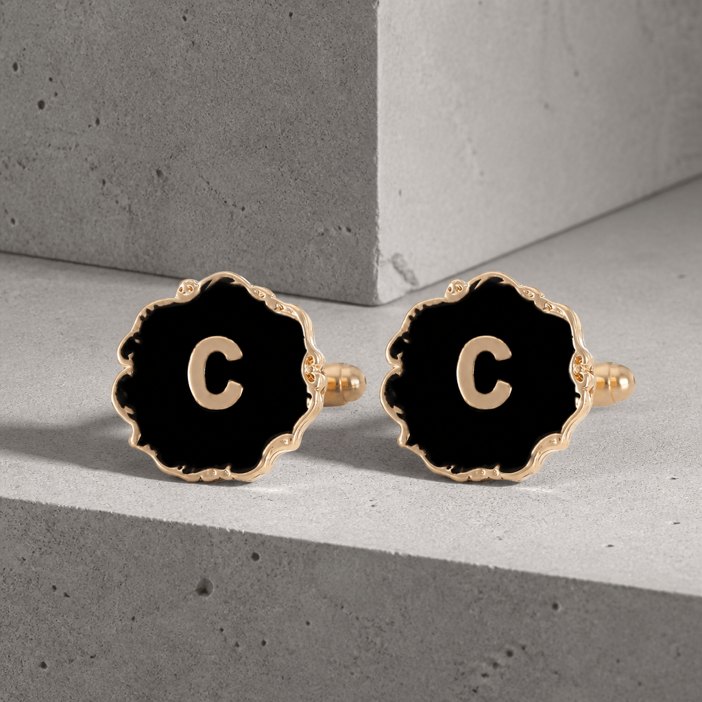 Boutons de manchette homme initiale C, émail noir et lettre dorée
