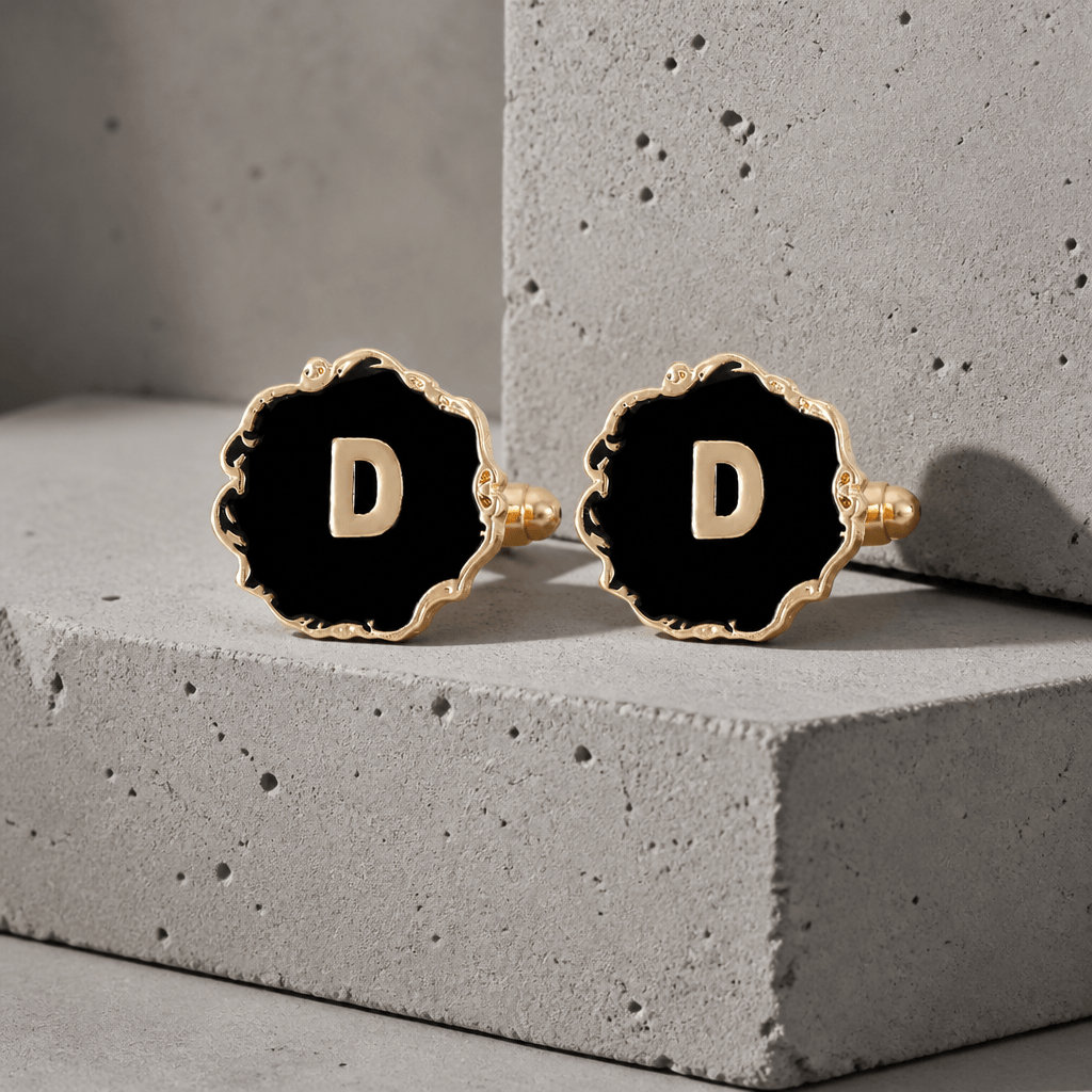 Boutons de manchette homme initiale D, émail noir et lettre dorée