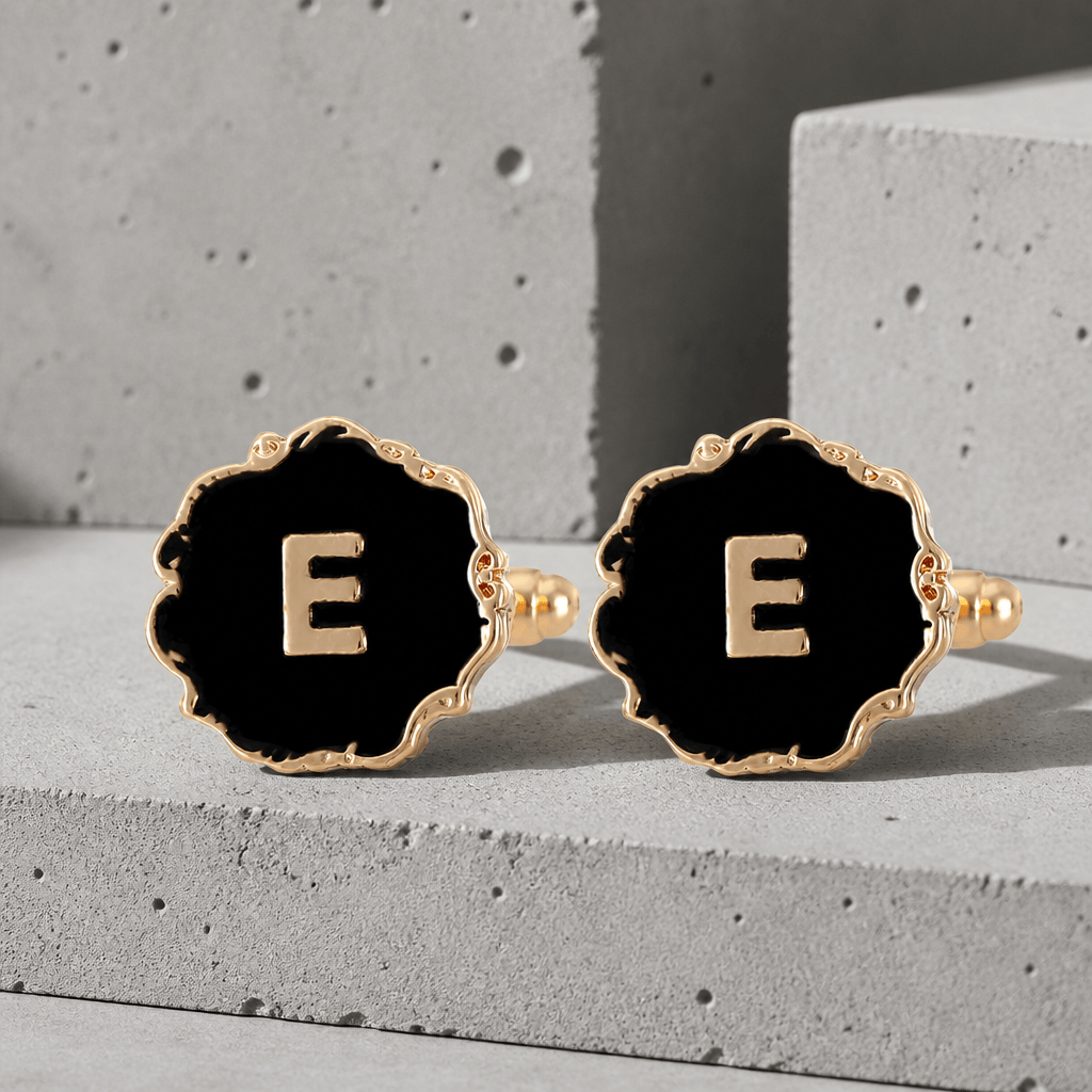 Boutons de manchette homme initiale E, émail noir et lettre dorée