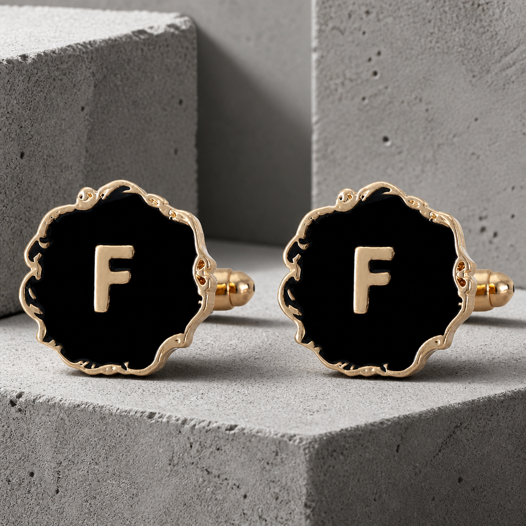 Boutons de manchette homme initiale F, émail noir et lettre dorée