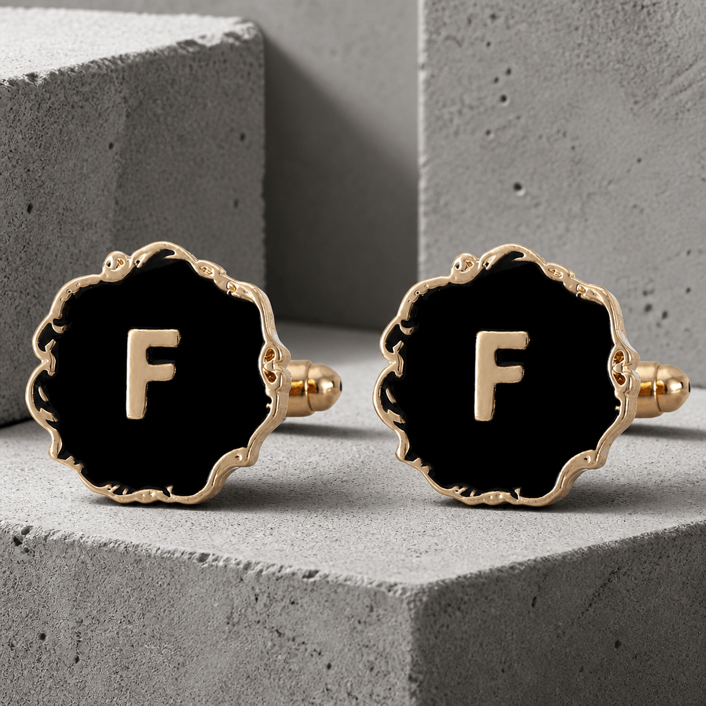 Boutons de manchette homme initiale F, émail noir et lettre dorée