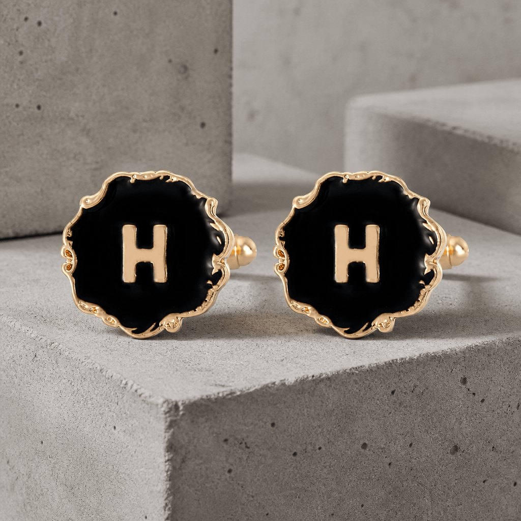 Boutons de manchette homme initiale H, émail noir et lettre dorée